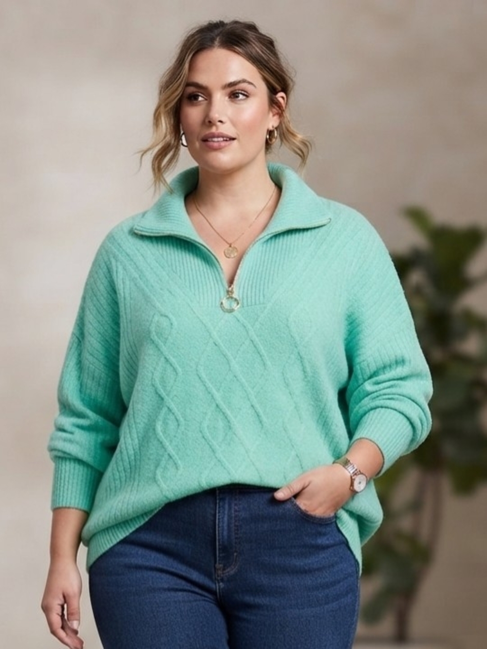 Talbots Mint Green Cable-Knit Half-Zip Sweater Size 3X
